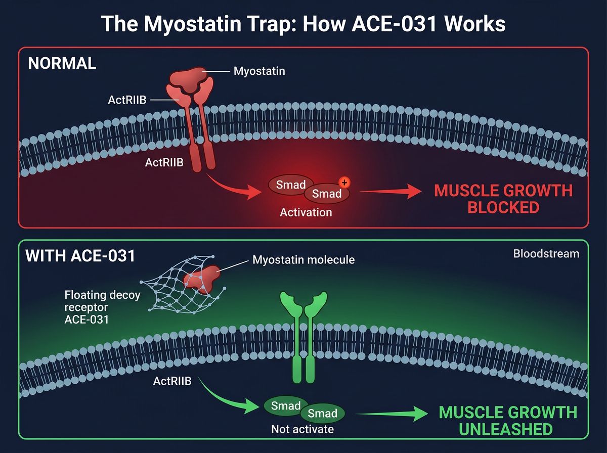 Diagram of ACE-031 trapping myostatin before receptor binding to remove growth inhibition