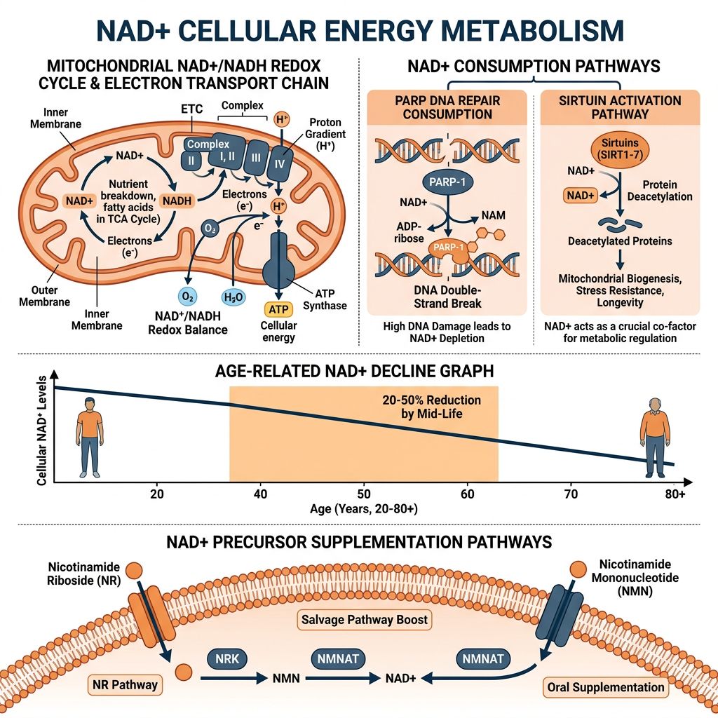 NAD+ cellular energy metabolism infographic showing mitochondrial NAD+/NADH redox cycling, electron transport chain, PARP DNA repair consumption, sirtuin activation pathway, age-related NAD+ decline graph, and NMN/NR precursor supplementation pathways