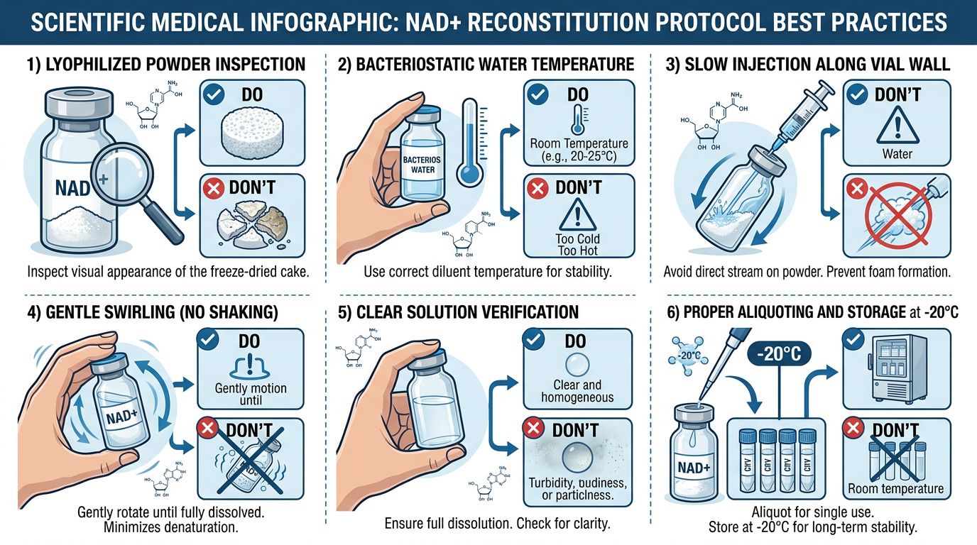 NAD+ reconstitution protocol best practices including dilution temperature, vial-wall injection, and storage