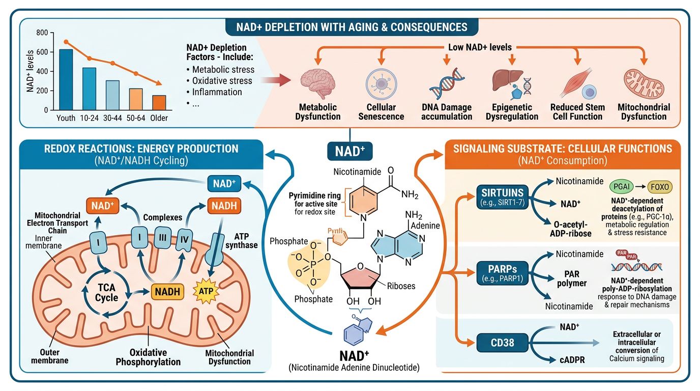 NAD+ molecular structure with branching pathways showing redox reactions in mitochondria and signaling substrate roles for sirtuins, PARPs, and CD38