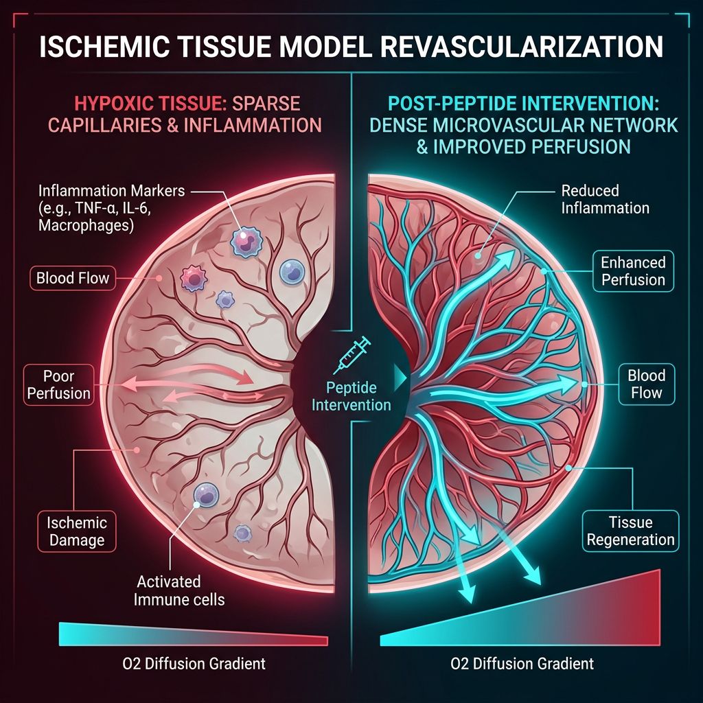 Ischemic tissue revascularization infographic comparing pre-treatment sparse capillaries with post-treatment dense microvascular network