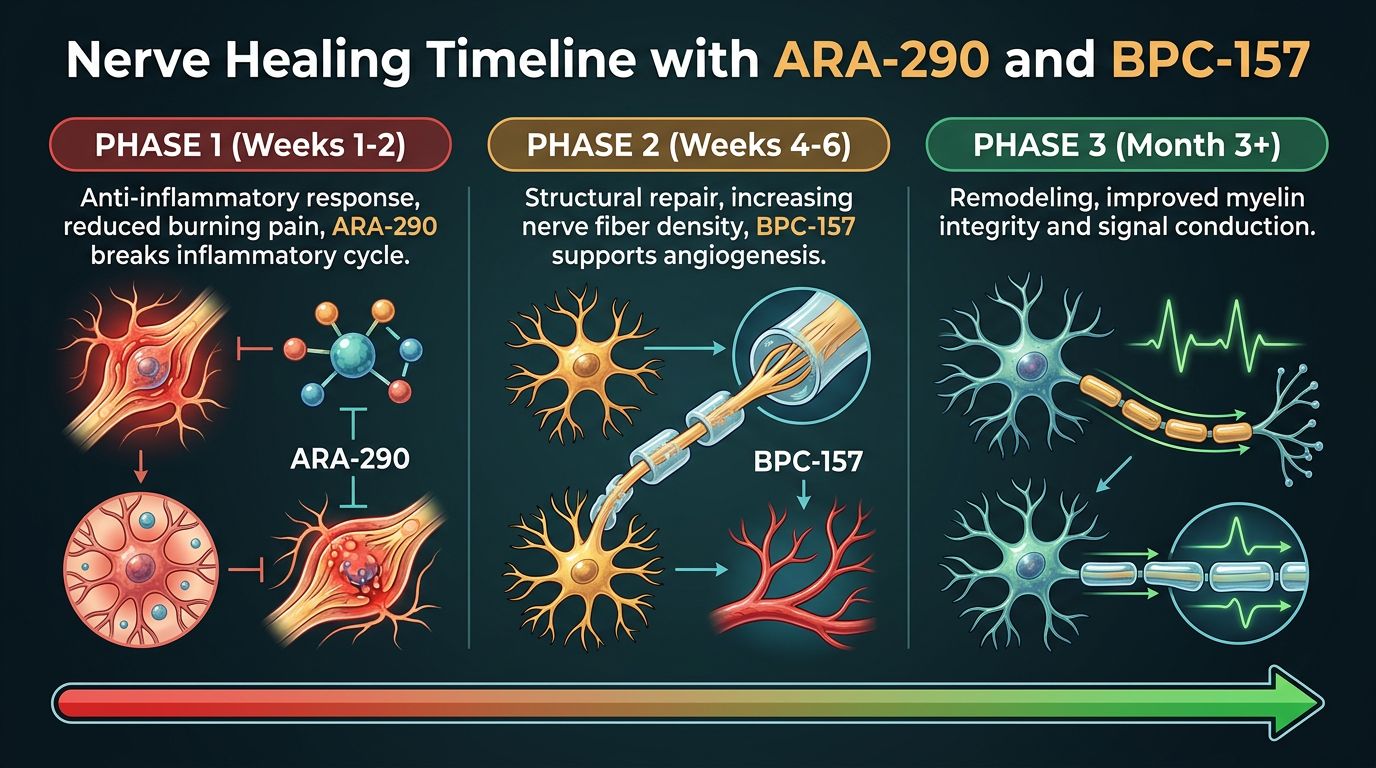 Three-phase nerve healing timeline with ARA-290 and BPC-157 from anti-inflammatory phase to structural repair and remodeling