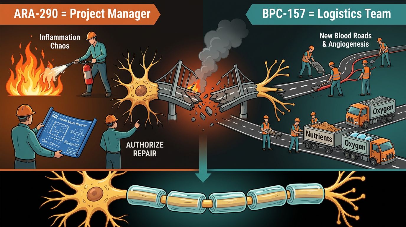 Construction analogy infographic showing ARA-290 as inflammation control and BPC-157 as vascular support for nerve regeneration