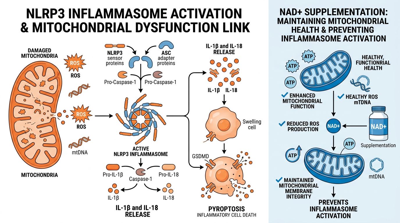 NLRP3 inflammasome activation cascade linked to mitochondrial ROS and mtDNA release, with NAD+ protective effects