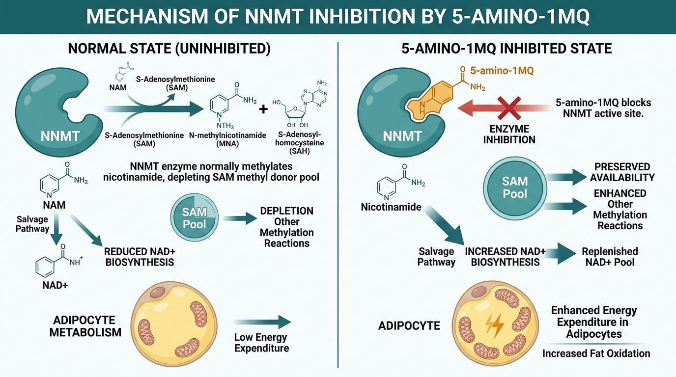 NNMT blocking mechanism showing 5-amino-1MQ preventing NAD+ depletion and reactivating adipocyte metabolism