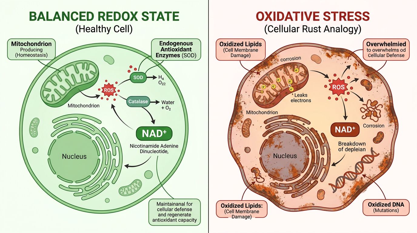 Side-by-side comparison of healthy cell with balanced antioxidant defenses versus stressed cell overwhelmed by reactive oxygen species