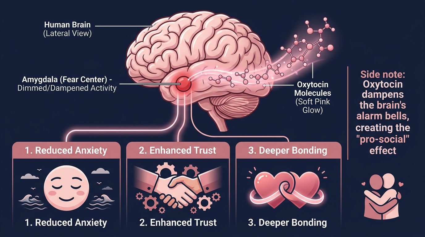 Oxytocin infographic showing reduced amygdala fear activity and improved trust bonding and social calm