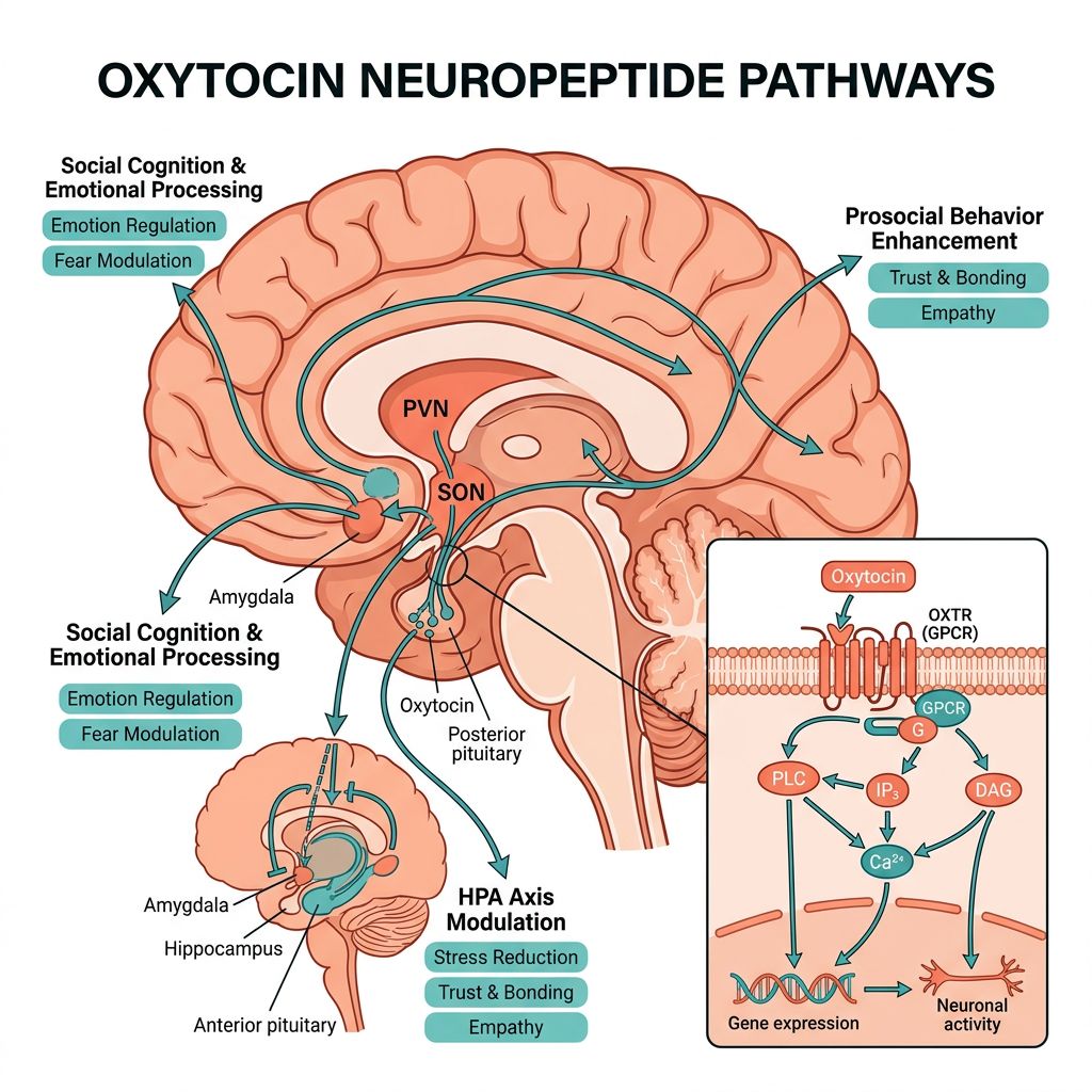 Oxytocin neuropeptide pathways infographic showing hypothalamus PVN and SON production, posterior pituitary release, OXTR G-protein coupled receptor signaling, and downstream effects on social cognition, stress reduction, and prosocial behavior