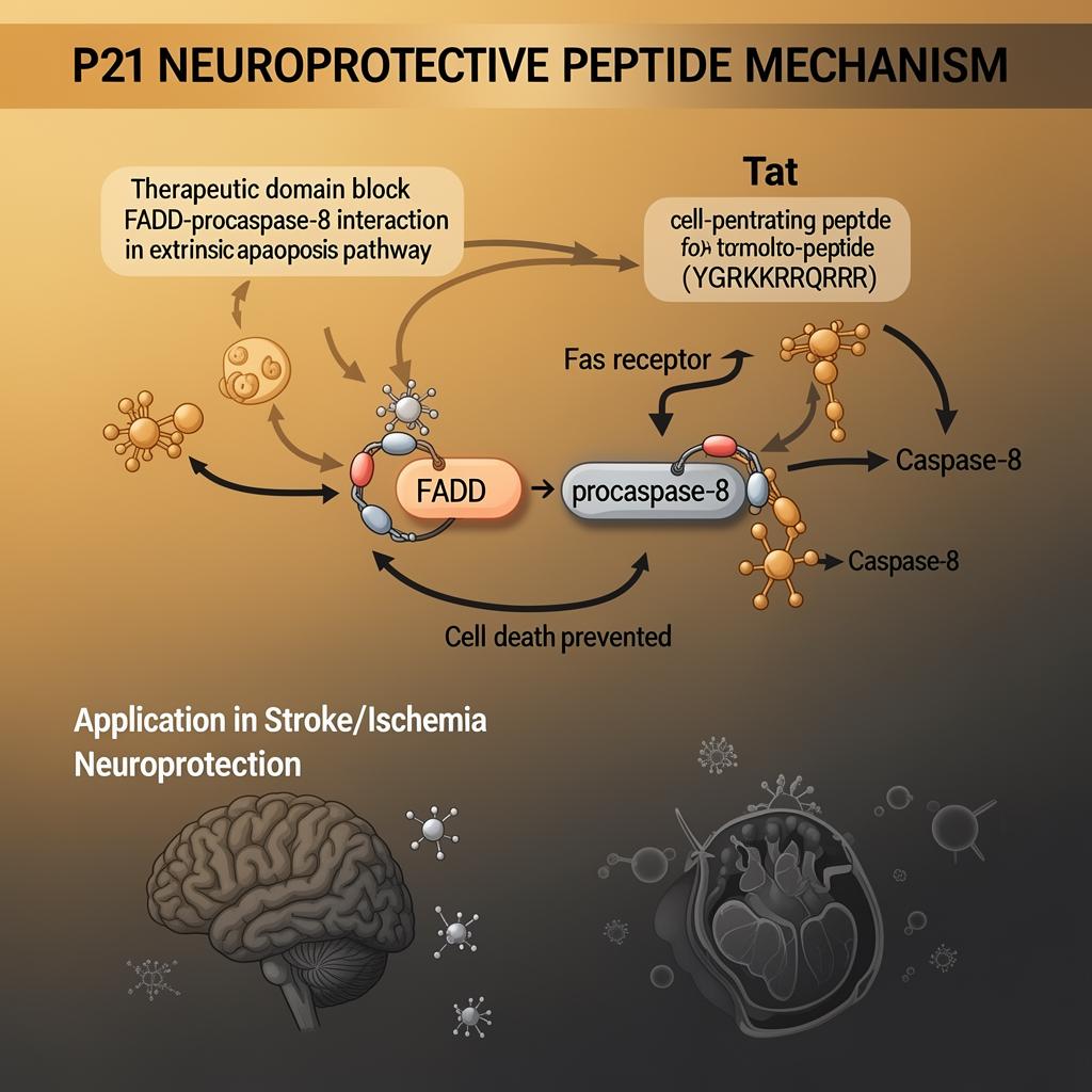 P21 neuroprotective peptide infographic showing dual-domain design with therapeutic domain blocking FADD-procaspase-8 interaction and Tat cell-penetrating peptide enabling membrane translocation for stroke neuroprotection