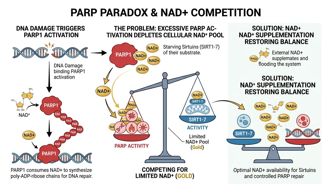 PARP paradox showing NAD+ competition between PARP DNA repair and Sirtuin pathways with balance restoration
