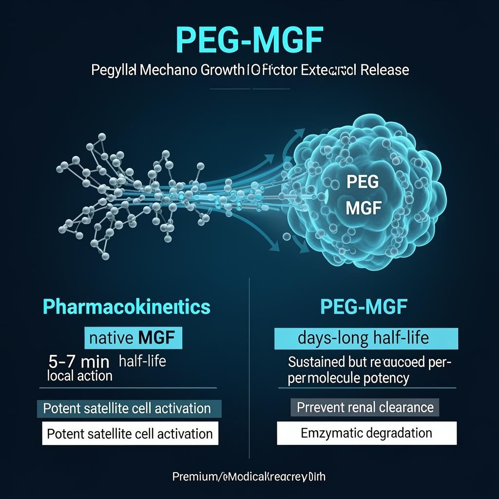 PEG-MGF extended release infographic comparing native MGF 5-7 minute half-life with local action versus PEG-MGF days-long half-life with systemic circulation through pegylation shield