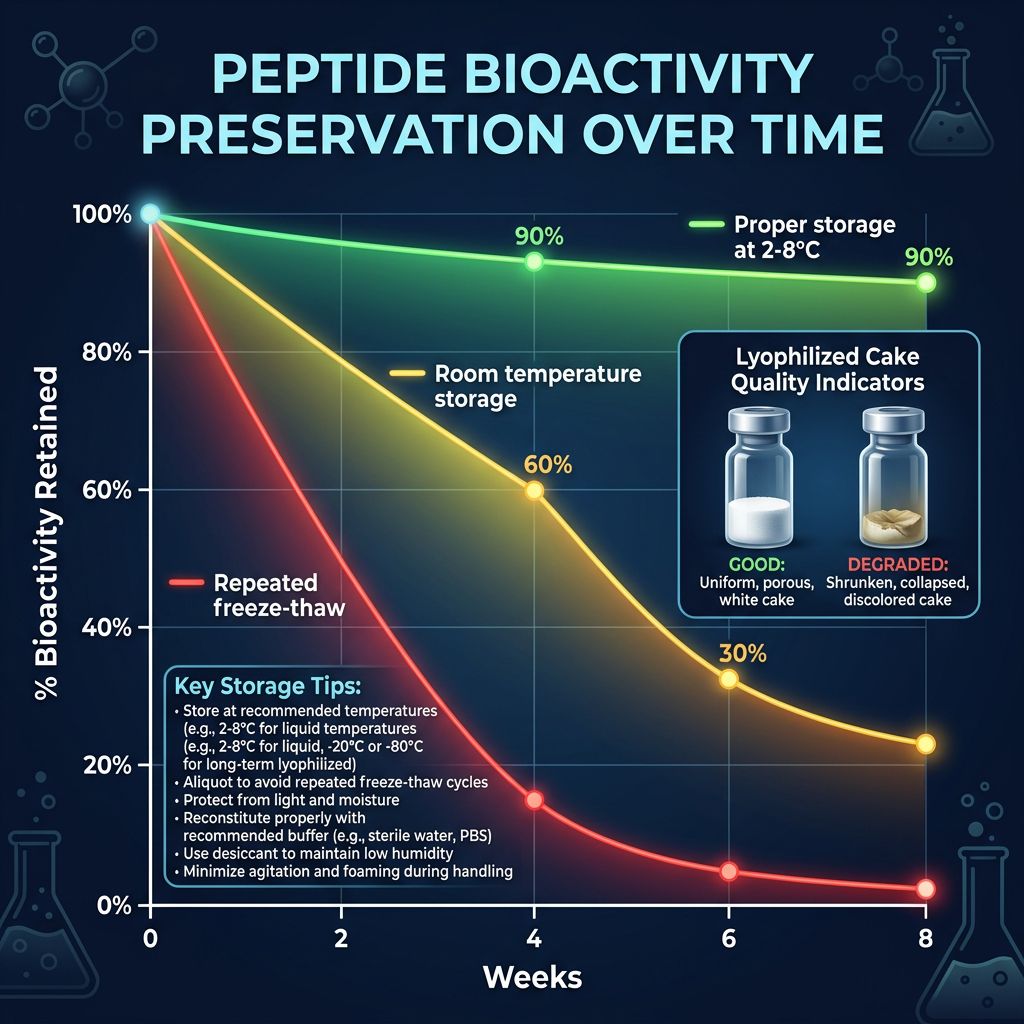 Peptide bioactivity preservation over time infographic comparing proper storage, room temperature, and repeated freeze-thaw