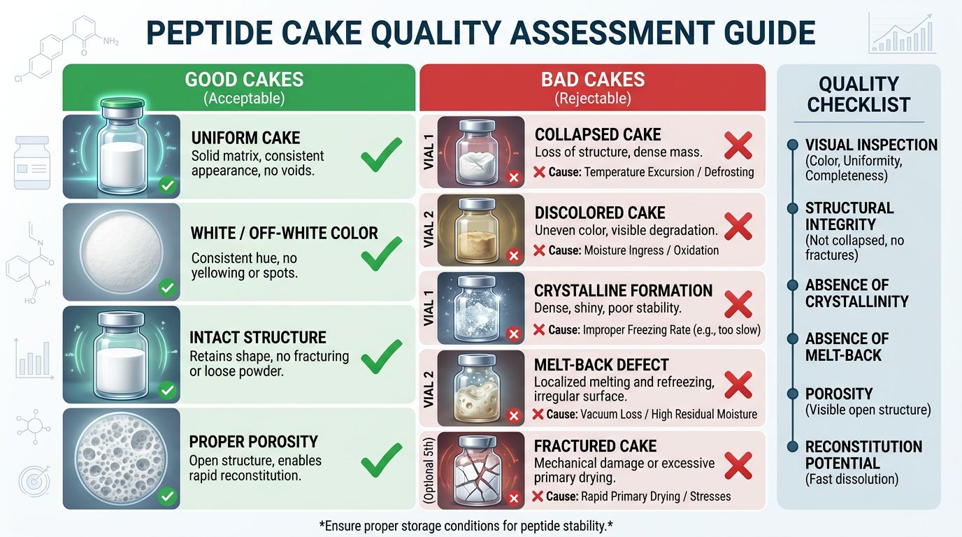 Peptide cake quality assessment showing acceptable versus rejectable lyophilized cake attributes