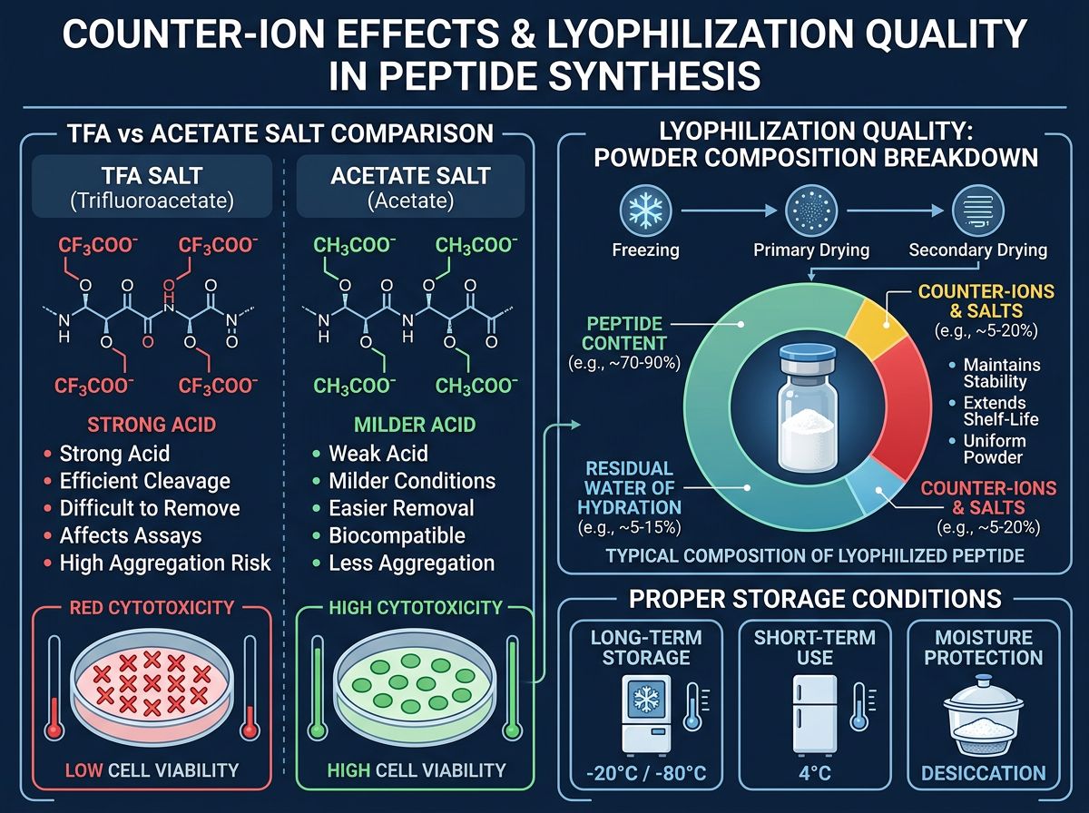 Infographic showing counter-ion effects (TFA vs Acetate salt) and lyophilization quality in peptide synthesis with powder composition breakdown and storage conditions