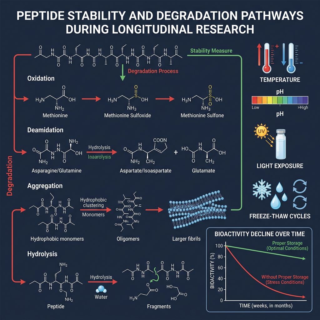 Peptide degradation pathways infographic showing oxidation, deamidation, aggregation, and hydrolysis over time