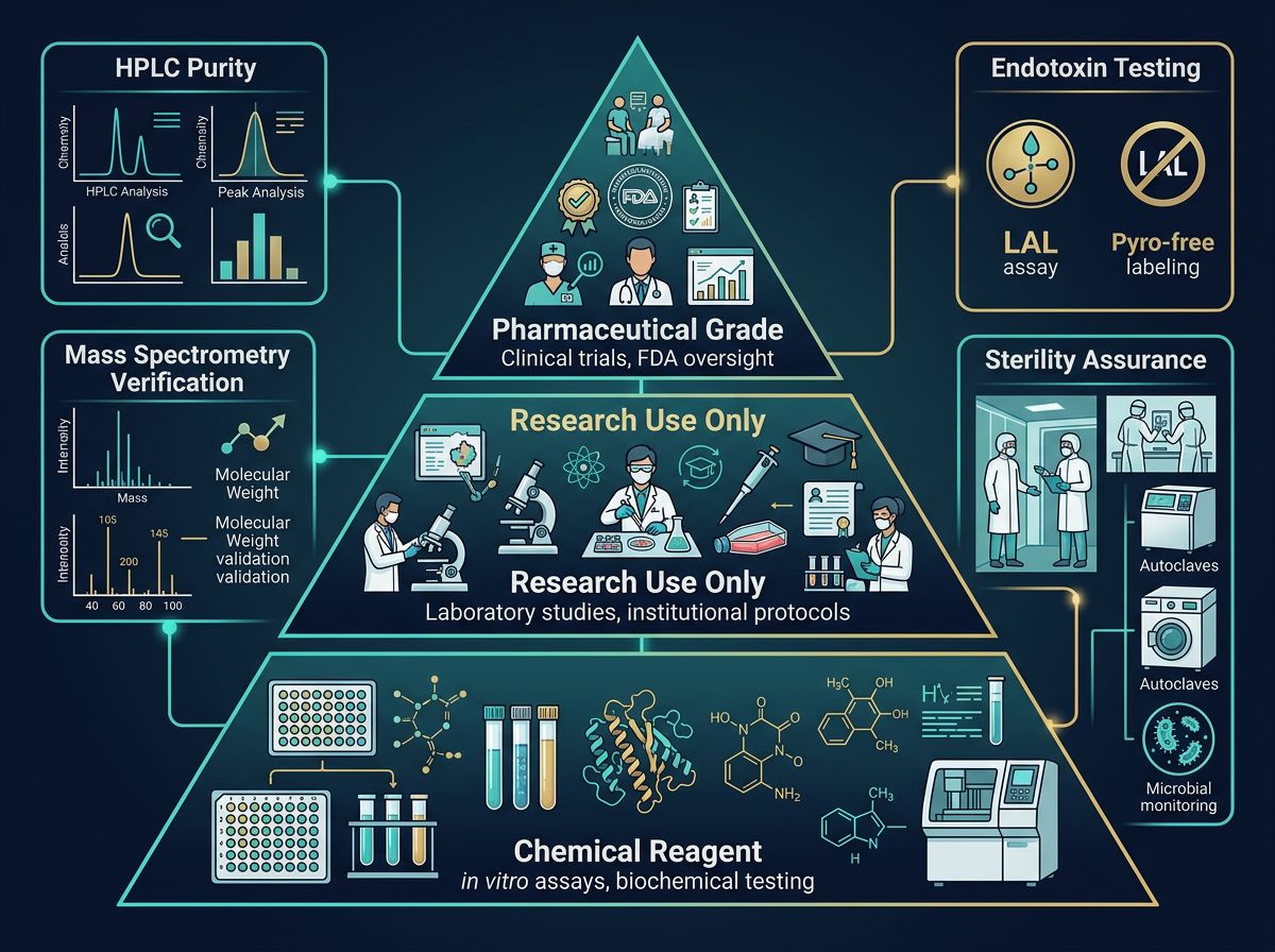 Regulatory spectrum infographic for peptide research categories from chemical reagent to research use only to pharmaceutical grade with quality control checkpoints