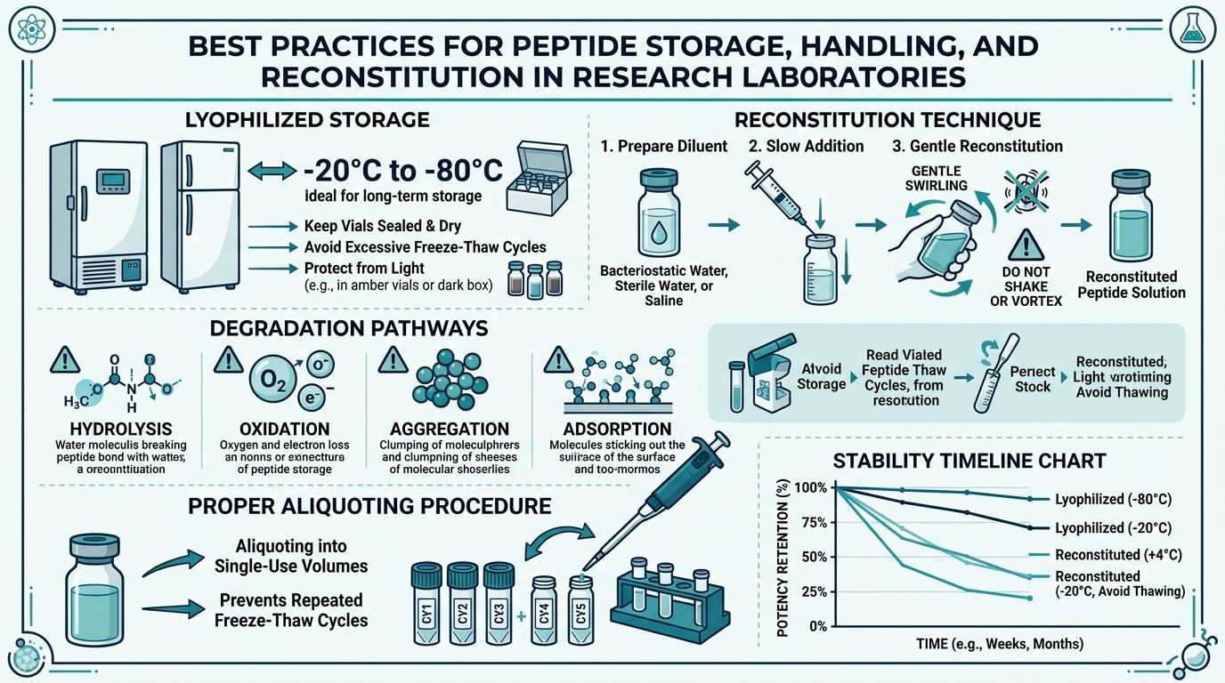 Peptide storage handling and reconstitution best practices infographic showing lyophilized storage at -20°C to -80°C, reconstitution technique with bacteriostatic water and gentle swirling, four degradation pathways (hydrolysis oxidation aggregation adsorption), proper aliquoting procedure, and stability timeline chart