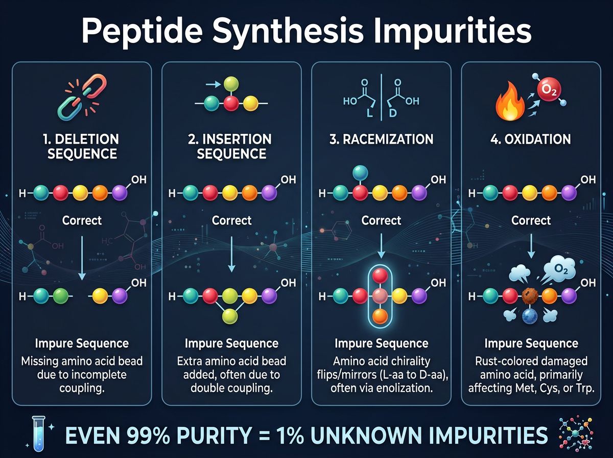 Infographic showing 4 types of peptide synthesis impurities: deletion, insertion, racemization, and oxidation