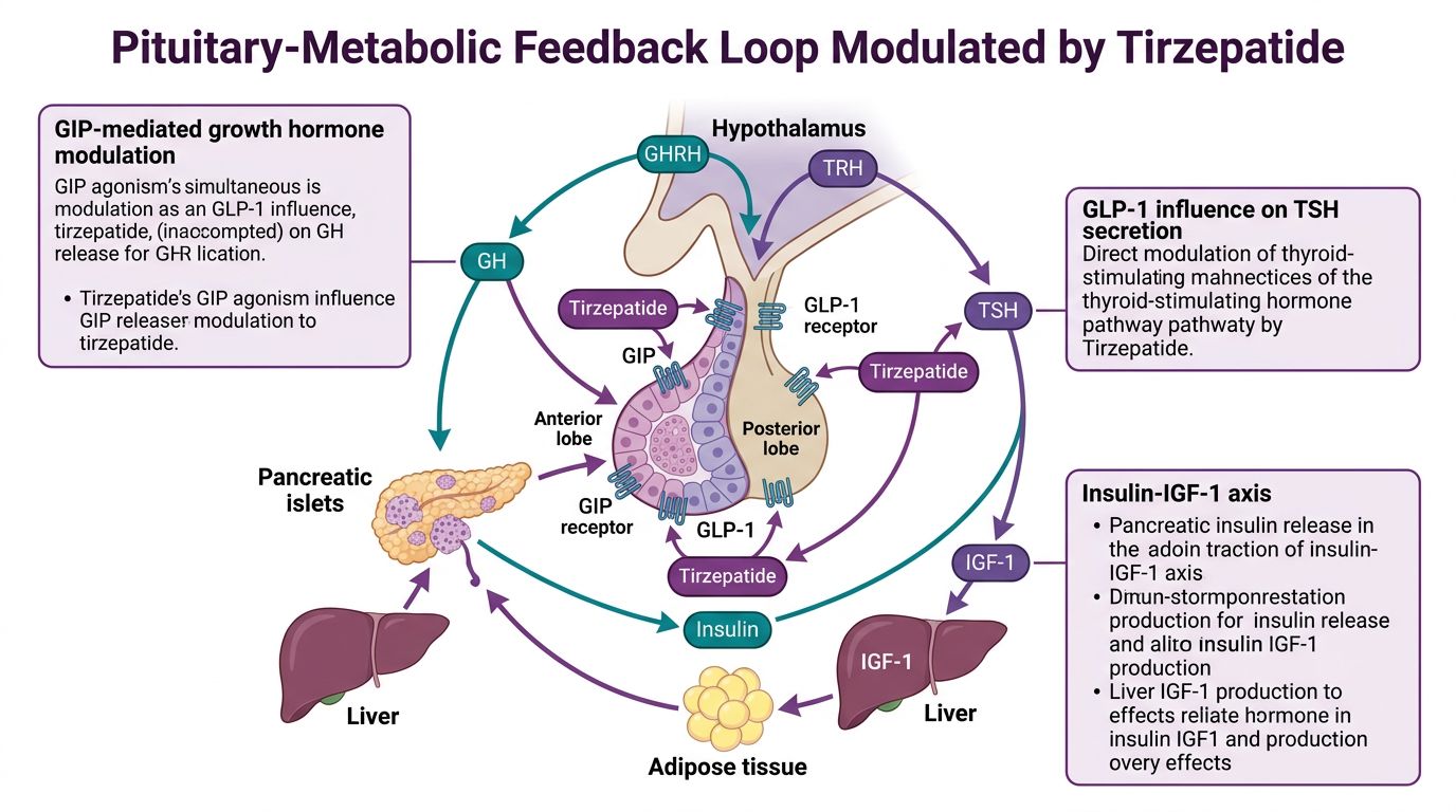 Pituitary-metabolic feedback loop modulated by tirzepatide showing GIP and GLP-1 receptor expression on pituitary gland with connections to pancreatic islets, liver, adipose tissue, and hypothalamus