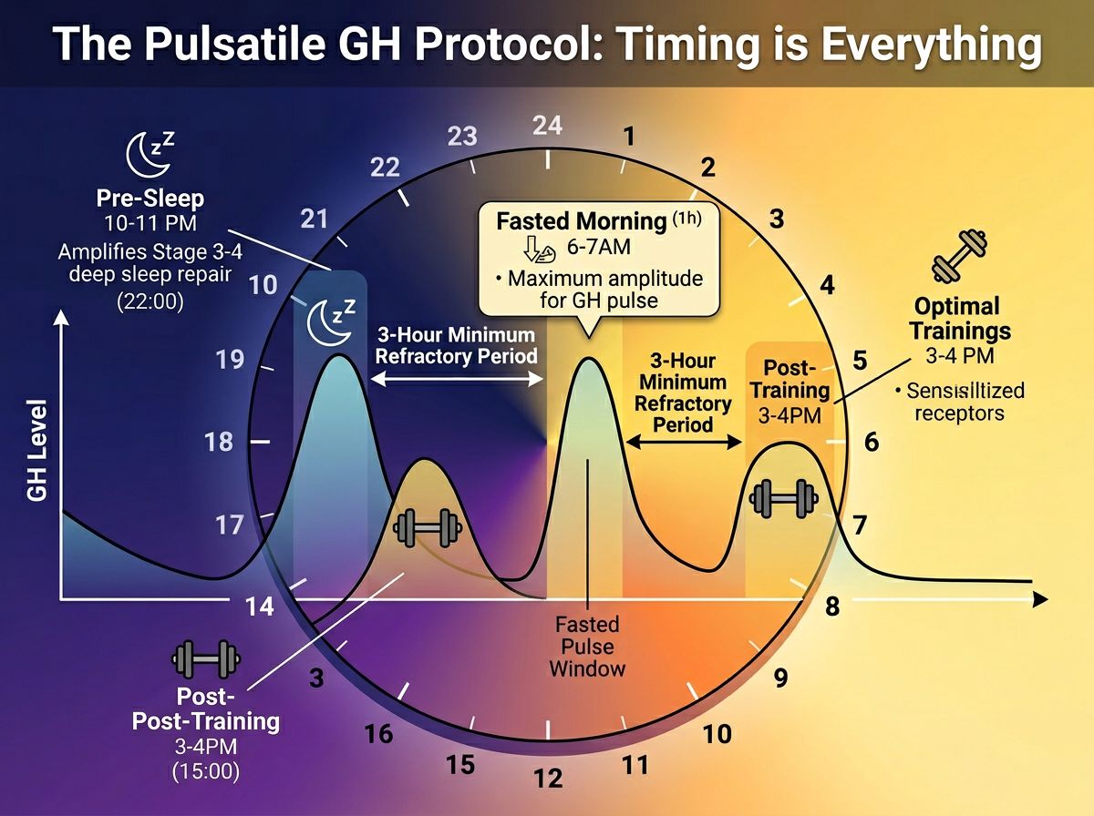 24-hour protocol map showing fasted morning, post-training, and pre-sleep GH pulse windows
