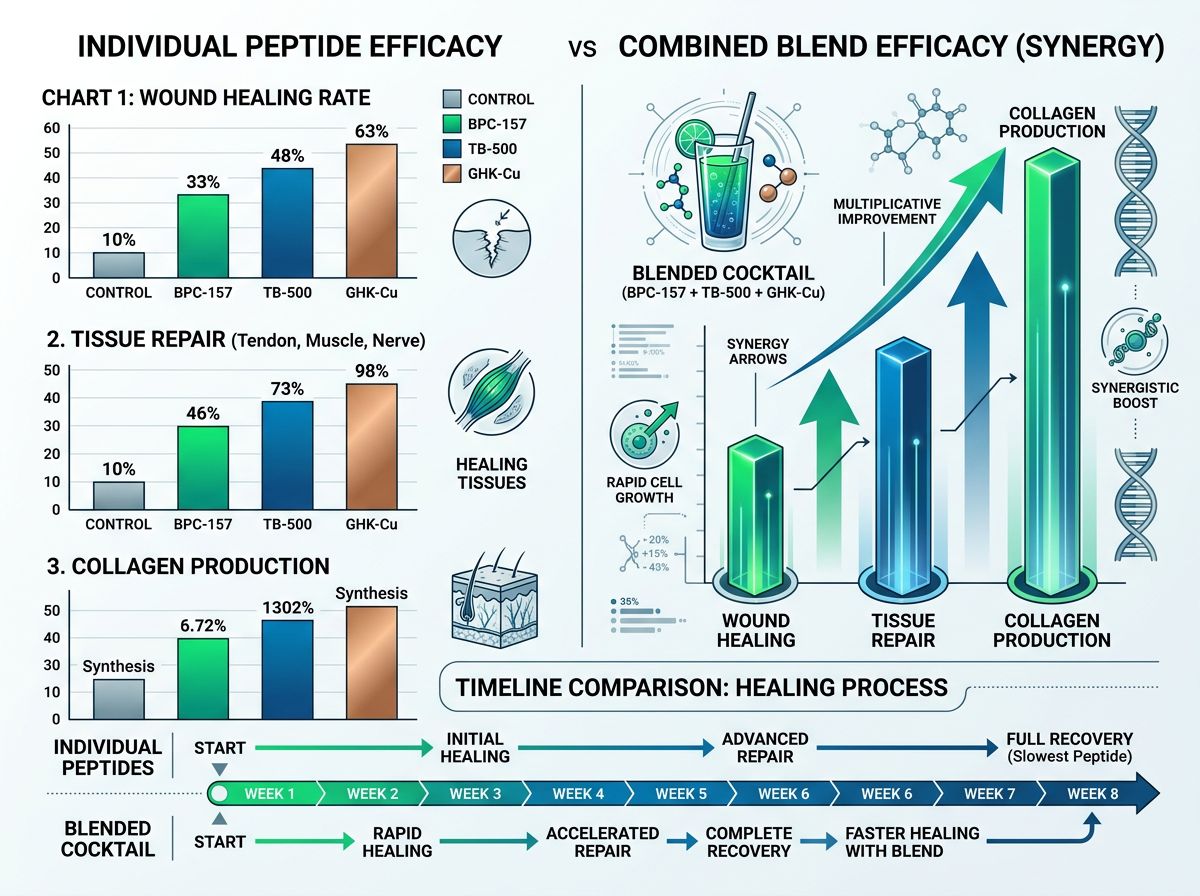 Scientific comparison infographic showing individual peptide efficacy versus combined BPC-157/TB-500/GHK-Cu blend with multiplicative improvement in wound healing, tissue repair, and collagen production