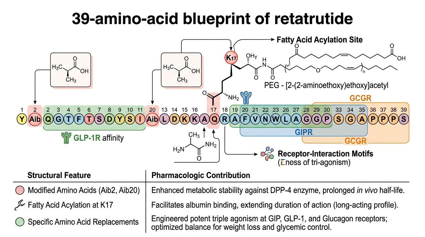 Retatrutide 39-amino-acid molecular blueprint with modified residues, fatty acid acylation site, and receptor interaction motifs