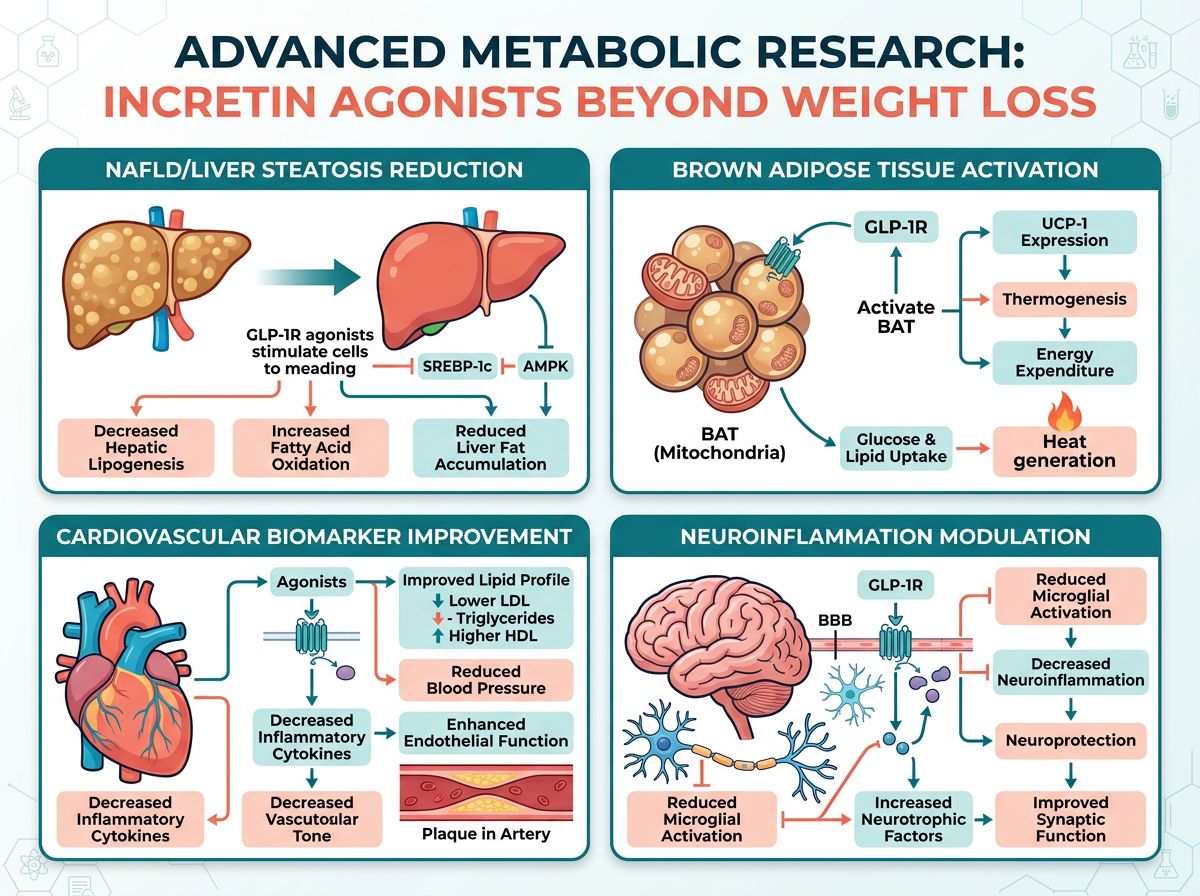 Infographic showing advanced metabolic research applications of incretin agonists beyond weight loss including NAFLD reduction, brown adipose tissue activation, cardiovascular improvement, and neuroinflammation modulation