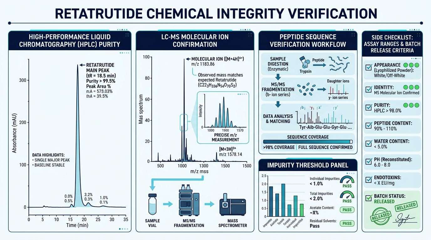 Retatrutide chemical integrity verification with HPLC purity, LC-MS molecular ion confirmation, peptide sequence validation, and impurity threshold panel