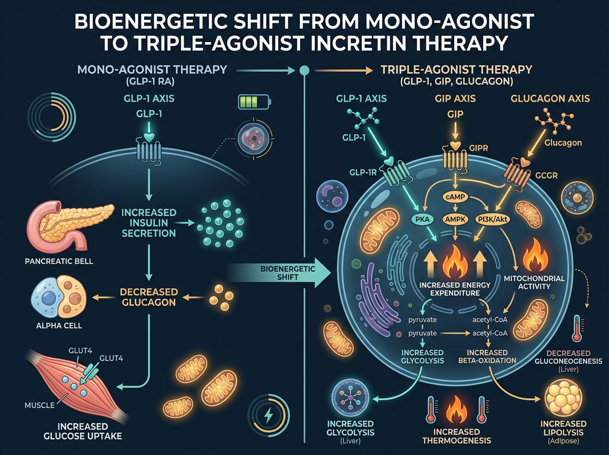 Infographic showing the bioenergetic shift from mono-agonist to triple-agonist incretin therapy with GLP-1, GIP, and Glucagon axes
