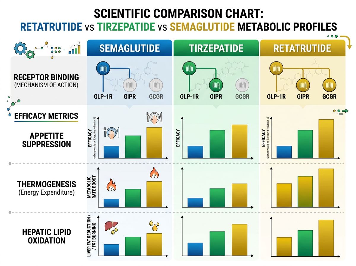 Scientific comparison chart of Retatrutide vs Tirzepatide vs Semaglutide metabolic profiles including receptor binding and efficacy metrics