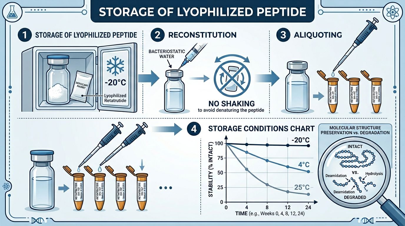 Step-by-step handling and storage protocol for lyophilized retatrutide including freezing, reconstitution, aliquoting, and stability monitoring