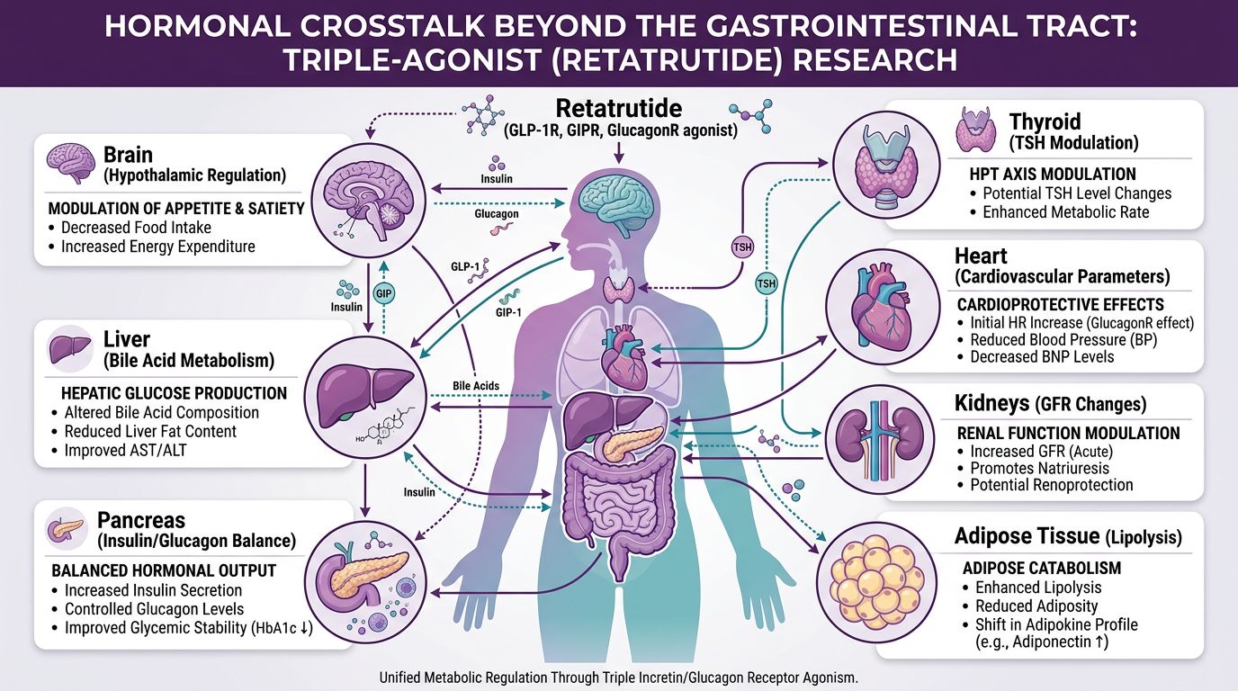 Hormonal crosstalk map showing retatrutide effects across brain, thyroid, heart, liver, kidneys, pancreas, and adipose tissue