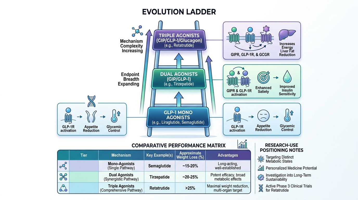 Evolution ladder positioning retatrutide at the top tier of incretin agonists with broader endpoint coverage and higher mechanism complexity