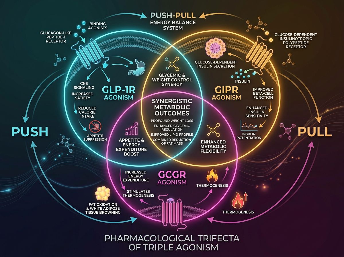 Venn diagram infographic showing the pharmacological trifecta of triple agonism with GLP-1R, GIPR, and GCGR synergistic metabolic outcomes