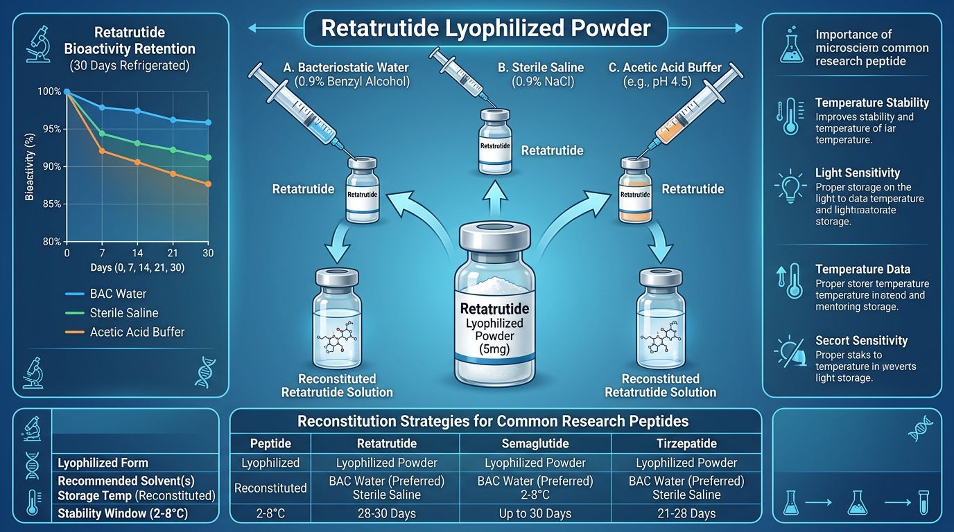 Retatrutide reconstitution strategy comparison across bacteriostatic water, sterile saline, and acetic buffer with bioactivity retention curves