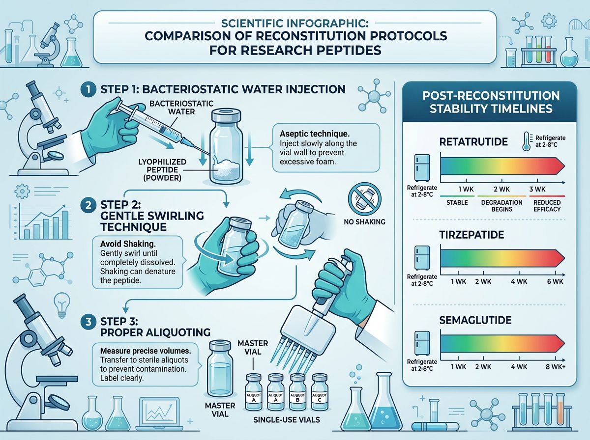 Comparison of reconstitution protocols for research peptides with post-reconstitution stability timelines for Retatrutide, <a href=
