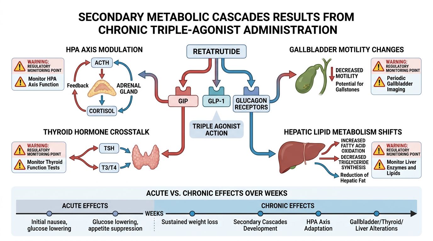 Secondary metabolic cascades from chronic retatrutide triple-agonist administration including HPA axis, gallbladder, thyroid, and hepatic lipid changes