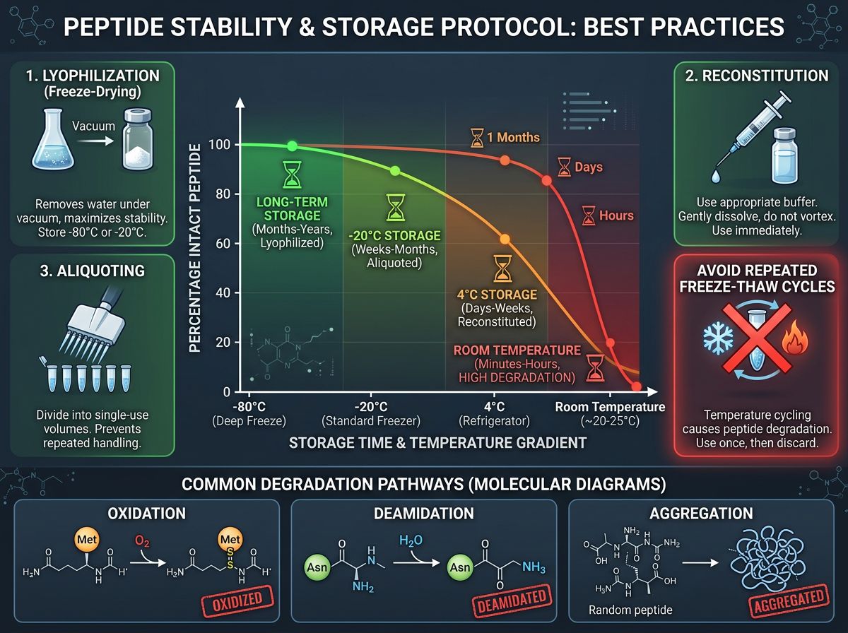 Peptide stability and storage protocol infographic showing temperature gradients, degradation curves, and best practices for lyophilization and reconstitution