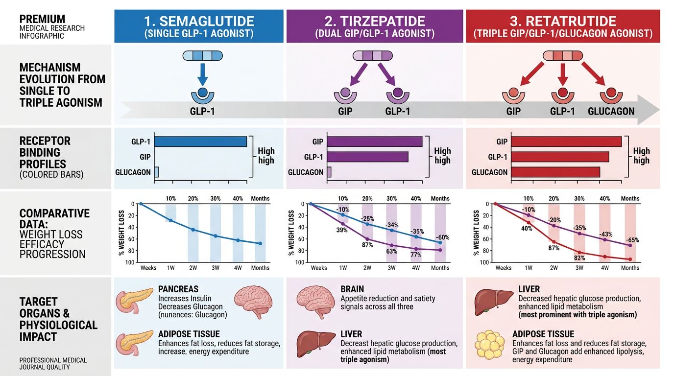 Side-by-side comparison infographic of Semaglutide (single GLP-1 agonist), Tirzepatide (dual GIP/GLP-1 agonist), and Retatrutide (triple GIP/GLP-1/Glucagon agonist) showing receptor binding profiles, weight loss efficacy data, and target organ effects on pancreas, brain, liver, and adipose tissue