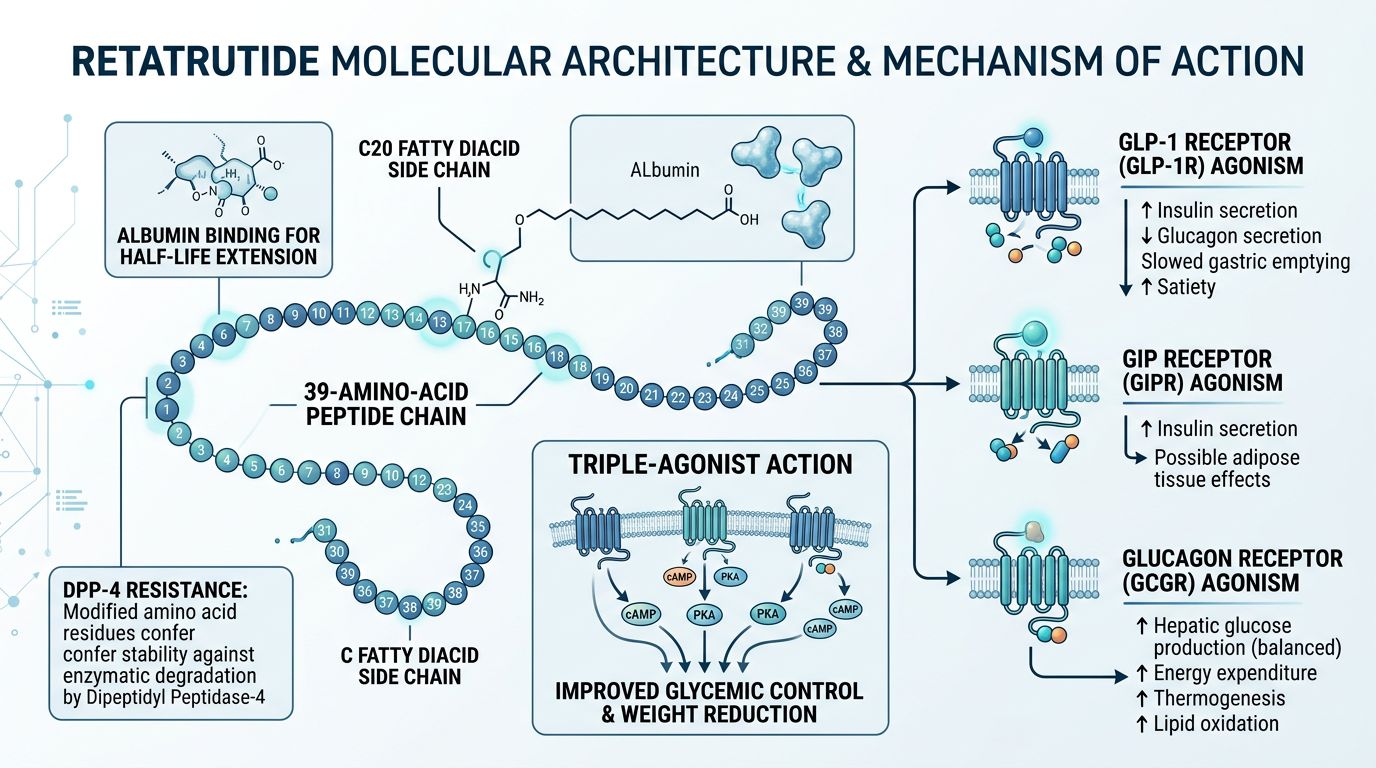 Retatrutide molecular architecture and triple-agonist mechanism showing 39-amino-acid chain, fatty diacid side chain, and GLP-1, GIP, glucagon receptor engagement