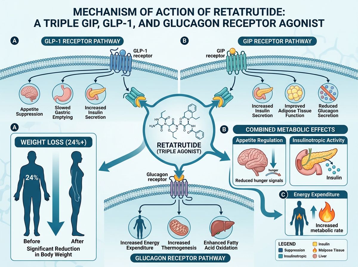 Retatrutide triple agonist mechanism infographic showing simultaneous GIP, GLP-1, and glucagon receptor activation pathways with 24%+ weight loss efficacy and synergistic metabolic effects