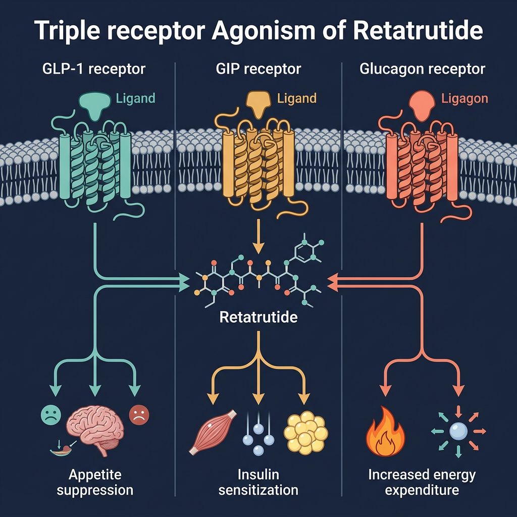 Retatrutide triple receptor agonism binding GLP-1, GIP, and Glucagon receptors with downstream effects on appetite, insulin, and energy expenditure