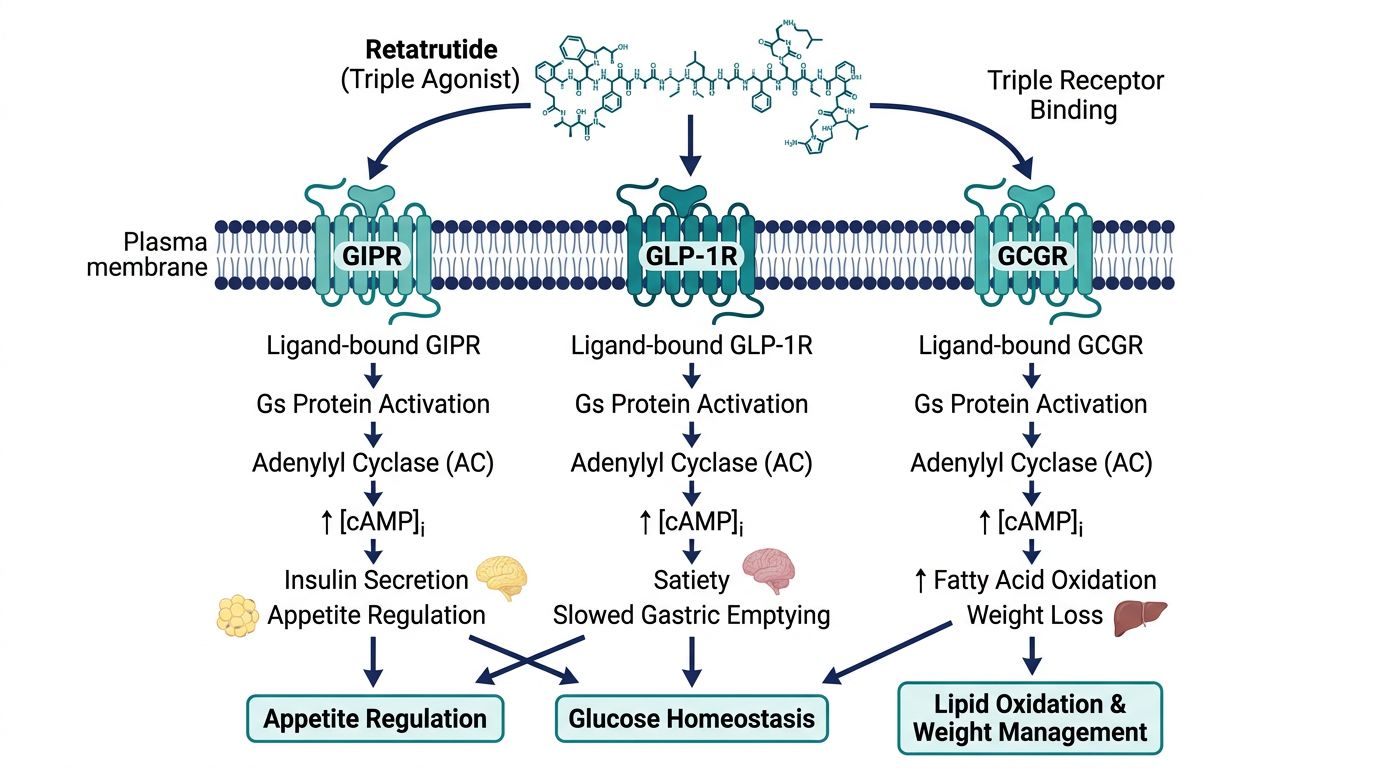 Triple receptor binding mechanics of retatrutide across GIPR, GLP-1R, and GCGR with downstream signaling outcomes