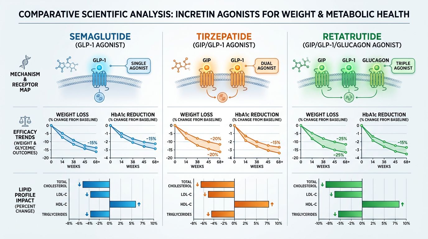 Comparative scientific analysis of semaglutide, tirzepatide, and retatrutide receptor coverage, efficacy trends, and lipid profile outcomes