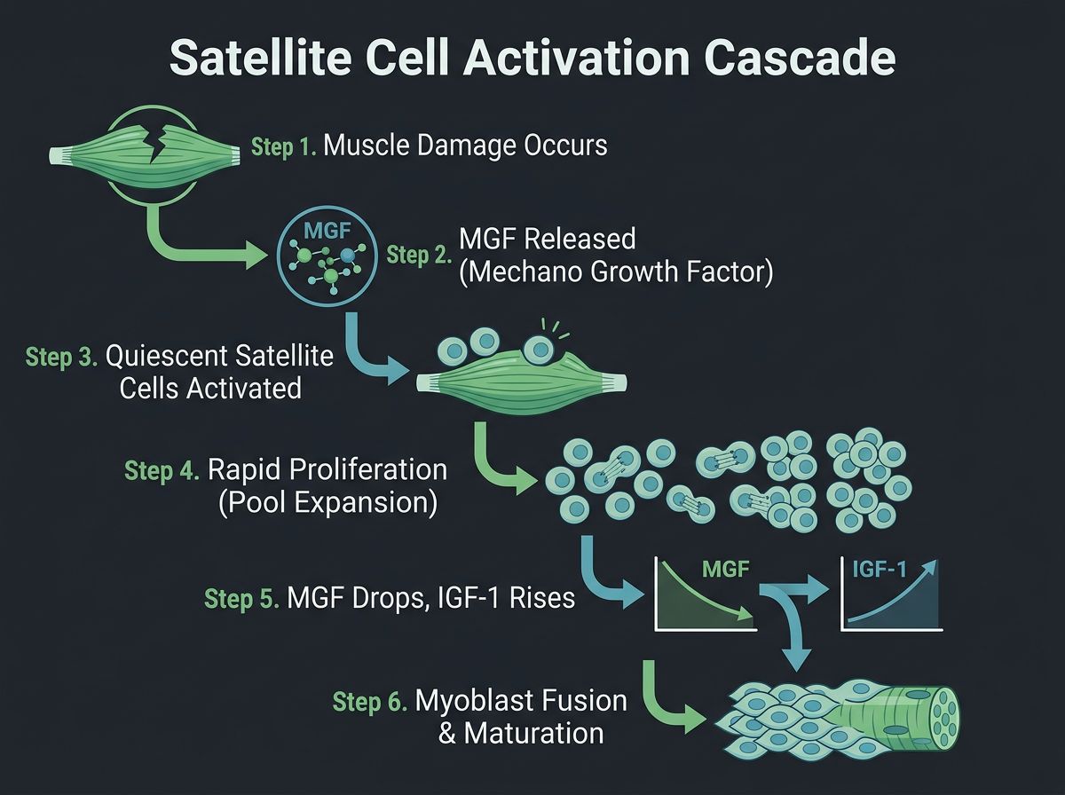 Satellite cell activation cascade showing quiescent to proliferating to differentiating stages in skeletal muscle regeneration