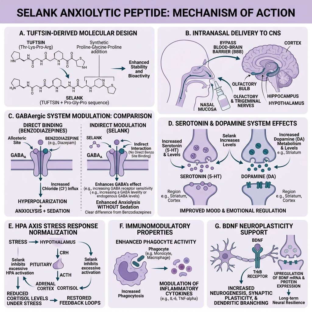 Selank anxiolytic peptide mechanism infographic showing tuftsin-derived design, intranasal CNS delivery, GABAergic indirect modulation vs benzodiazepine comparison, serotonin and dopamine effects, HPA axis normalization, immunomodulation, and BDNF support