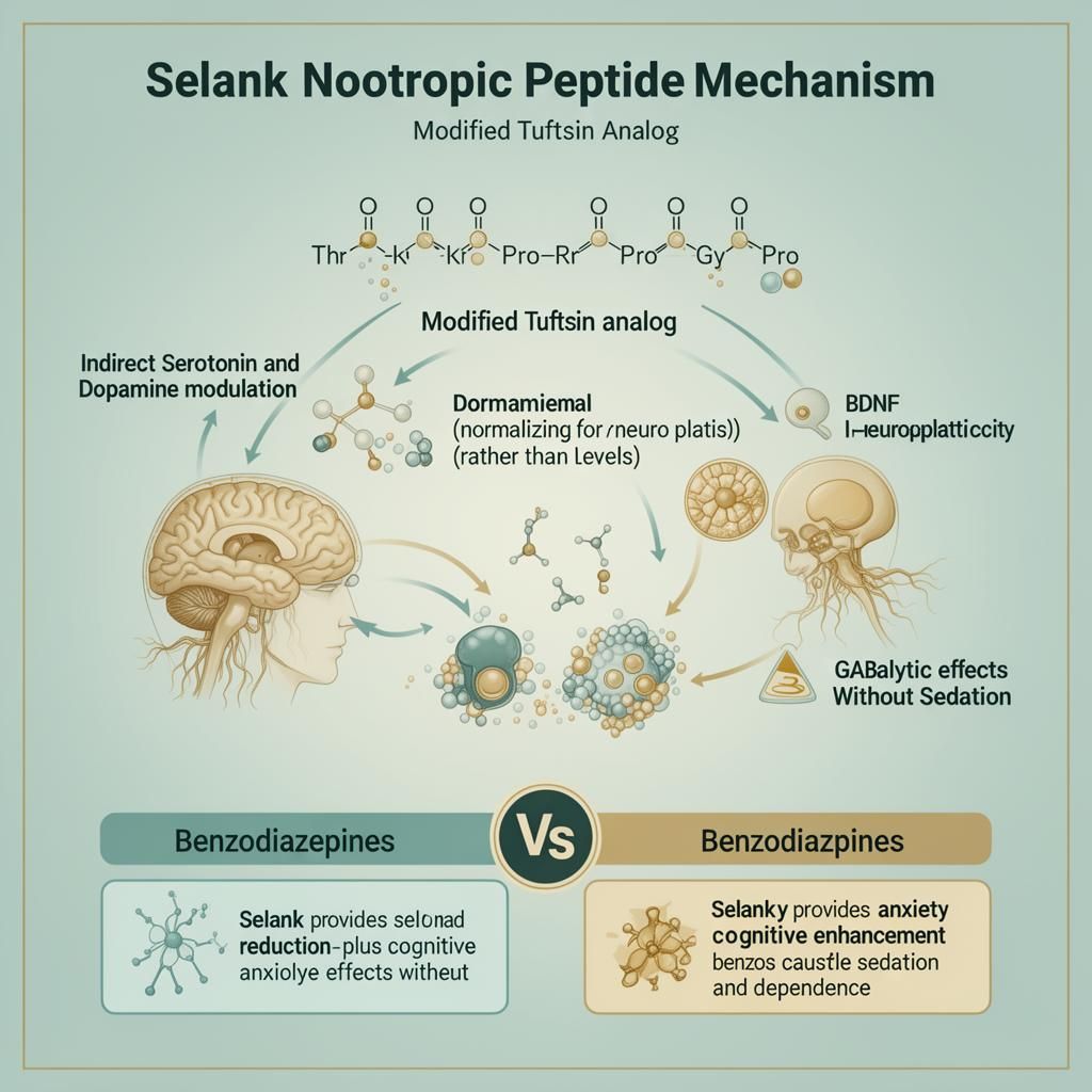 Selank nootropic peptide mechanism infographic showing modified tuftsin heptapeptide structure, indirect serotonin and dopamine modulation, BDNF upregulation, and GABAergic anxiolytic effects compared to benzodiazepines