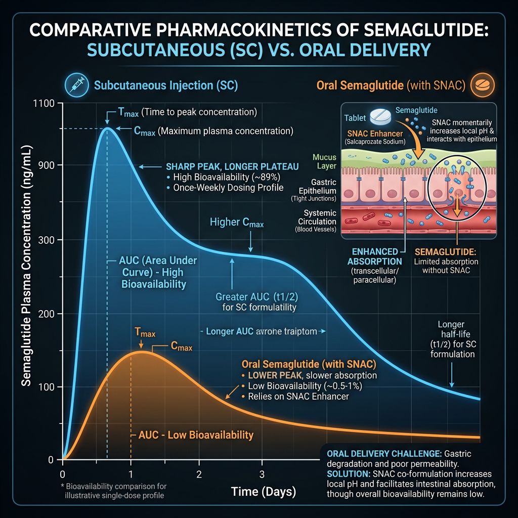 Comparative pharmacokinetic curves for subcutaneous versus oral semaglutide delivery showing Tmax, Cmax, and AUC differences