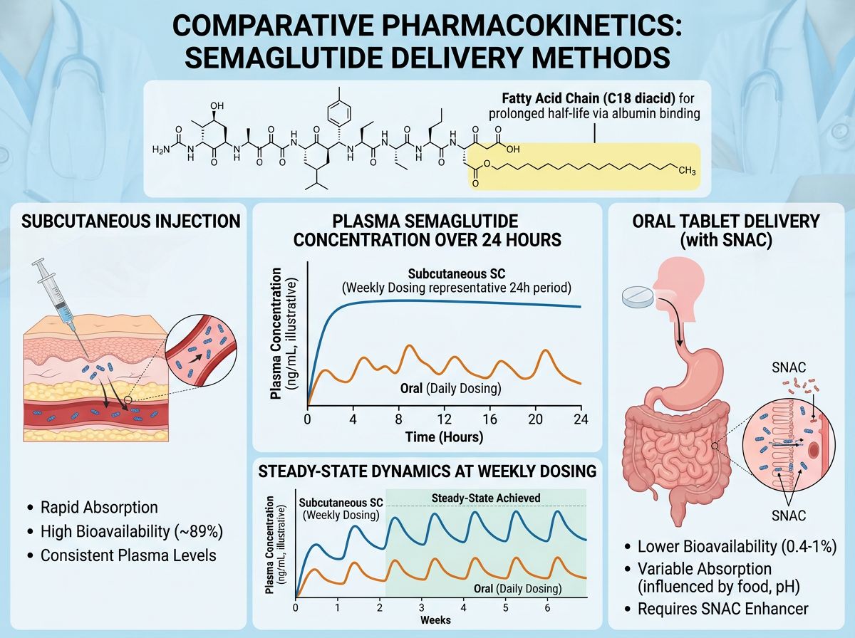 Comparative pharmacokinetic infographic of semaglutide delivery methods showing subcutaneous versus oral absorption and steady-state dynamics
