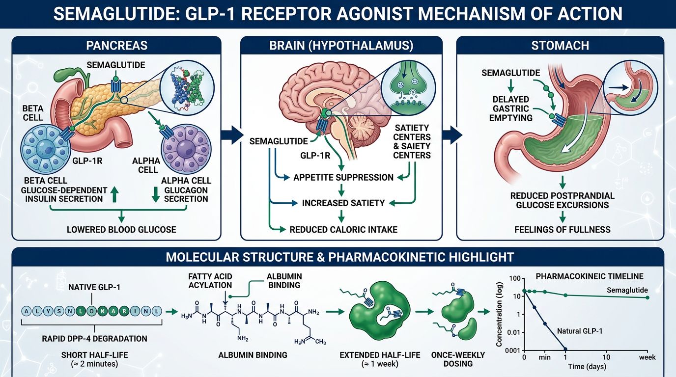 Semaglutide GLP-1 receptor agonist mechanism infographic showing action in pancreas, brain hypothalamus, and stomach with pharmacokinetic timeline